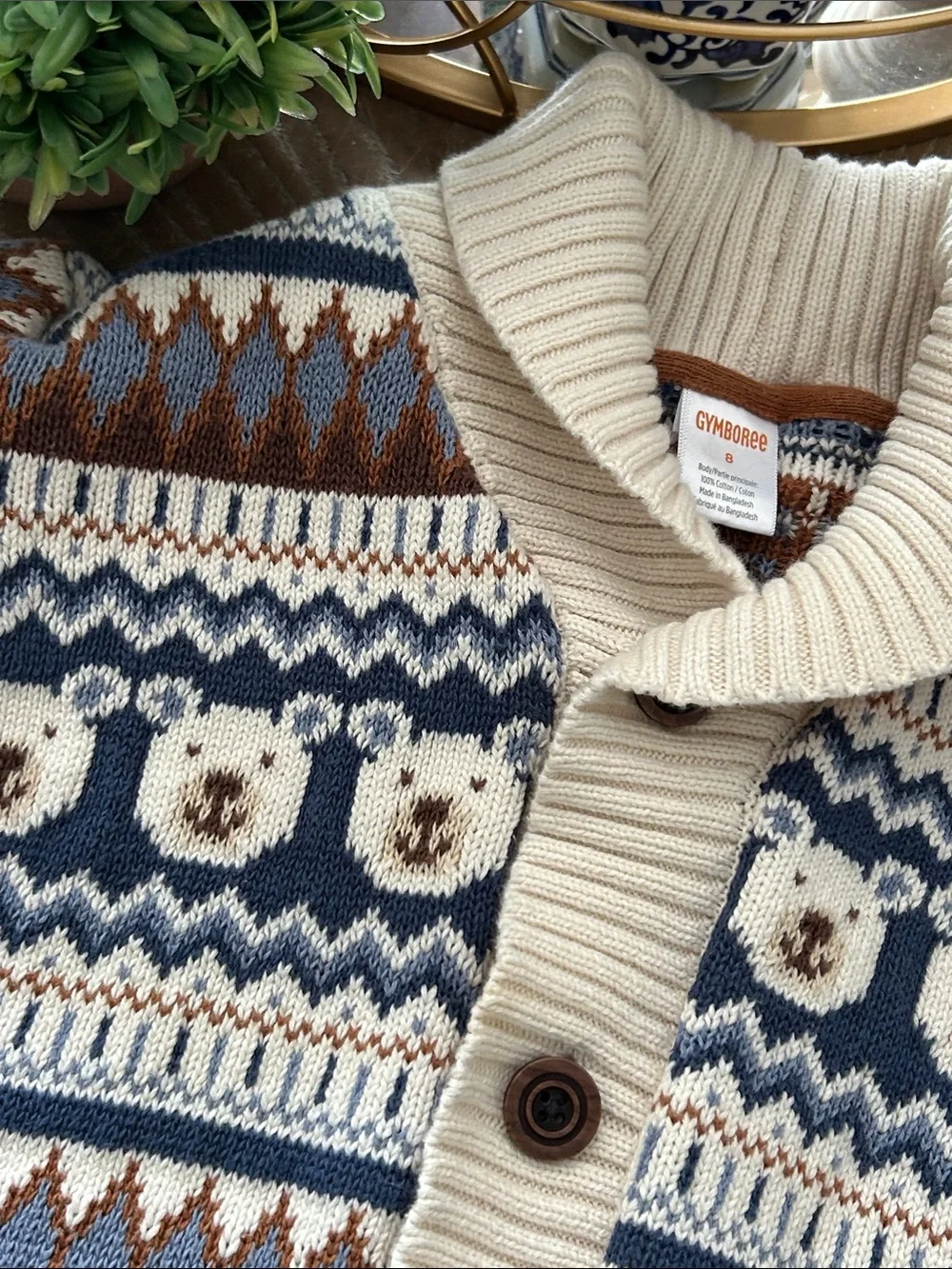 Gymboree Cozy Cream & Blue Fair Isle Teddy Bear Button Cardigan